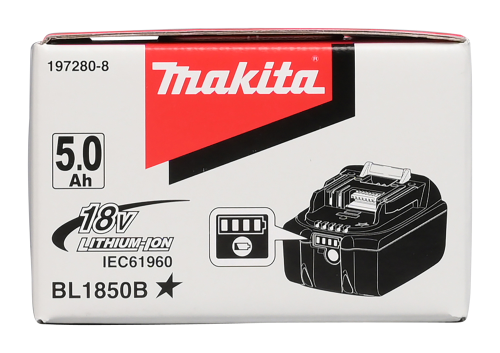 Akku Makita BL1850B, 18V, 5,0 Ah, Li-Ion, liukulukitus, kapasiteettinäyttö