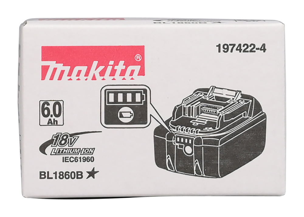 Akku Makita BL1860B-4, 18V, 6,0 Ah, Li-Ion, liukulukitus, kapasiteettinäyttö