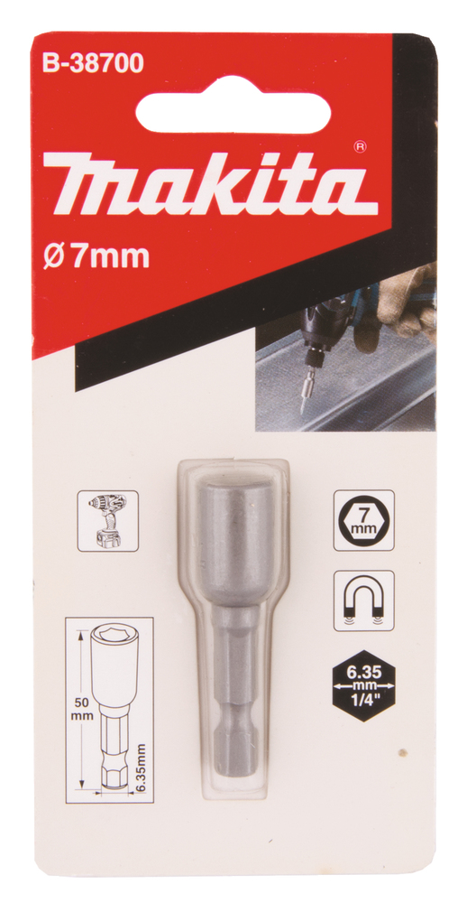 Kuusiohylsy magneetilla Makita B-38700 7x50mm, Ruuvikärkikiinnitys 1/4"