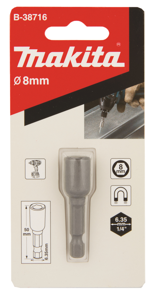 Kuusiohylsy magneetilla Makita B-38716 8x50mm, Ruuvikärkikiinnitys 1/4"