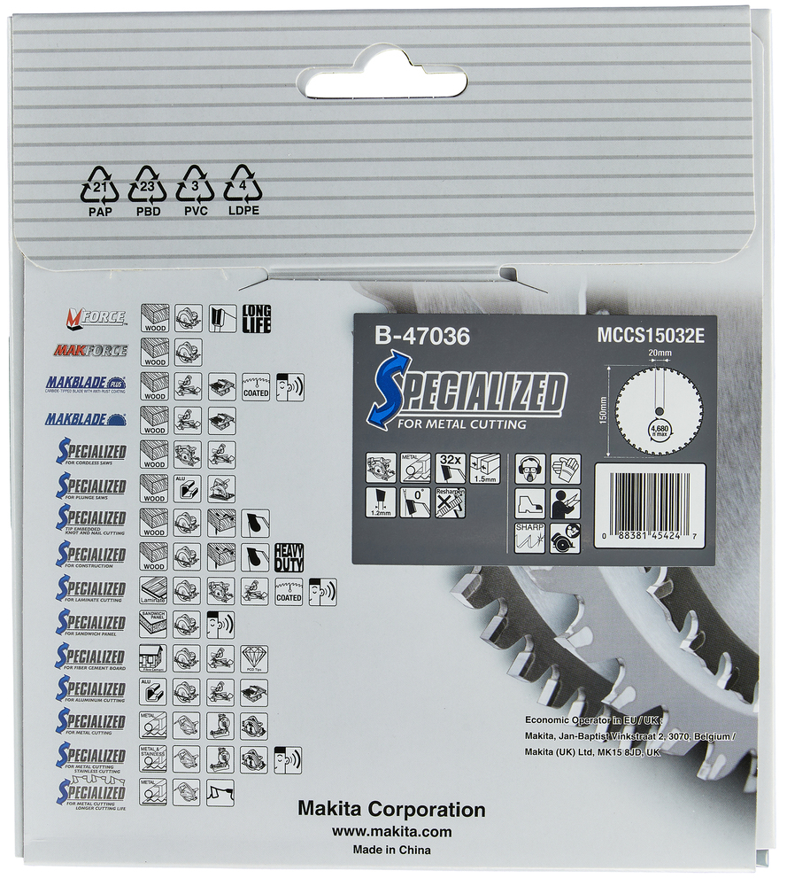 Cirkelsågblad Makita B-47036 150x20mm, Z-32 för metall 1-3mm, DCS551 och DCS553