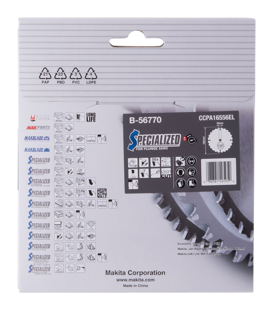 Pyörösahanterä Makita B-56770 165x20x2,0mm, Z-56 alumiinille, DSP600, DSP601 ja SP6000