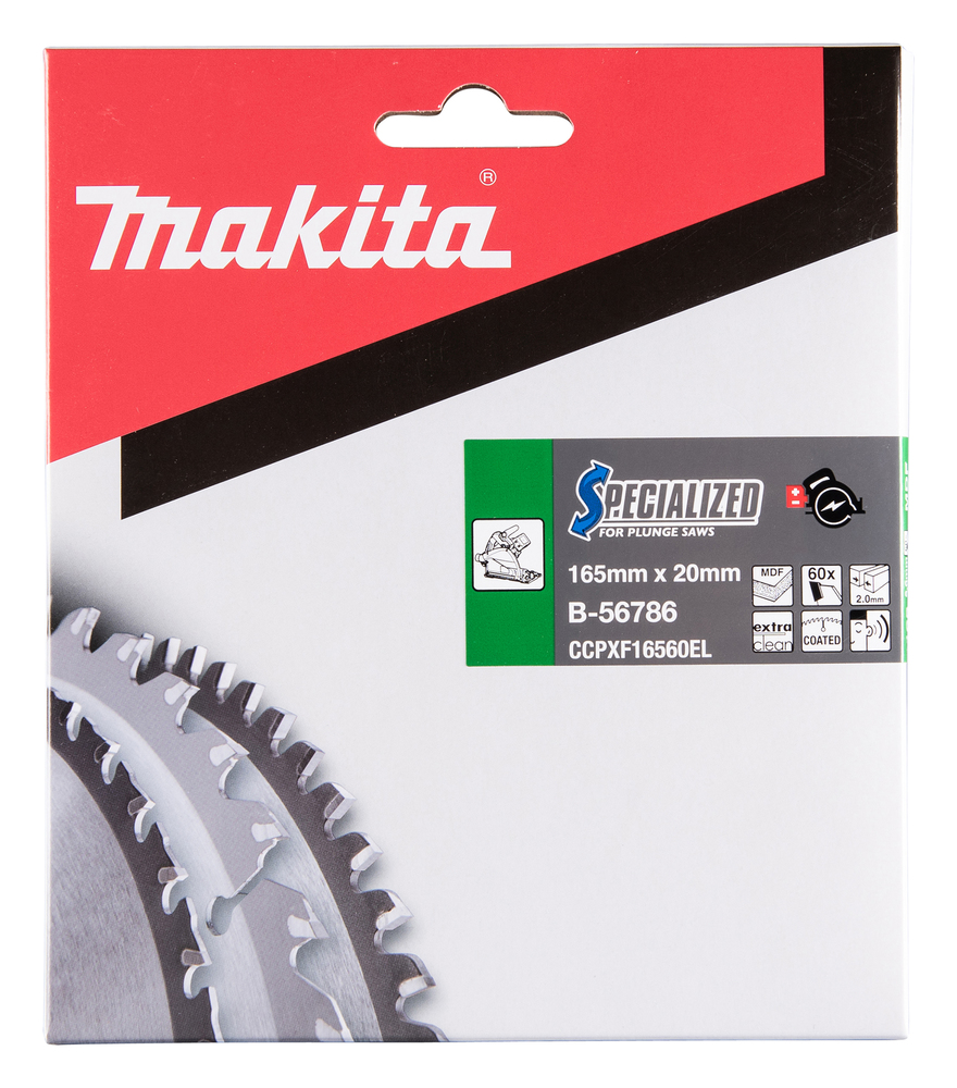Pyörösahanterä Makita B-56786 165x20x2,0mm, Z-60 MDF erittäin siisti sahaus, DSP600, DSP601 ja SP6000