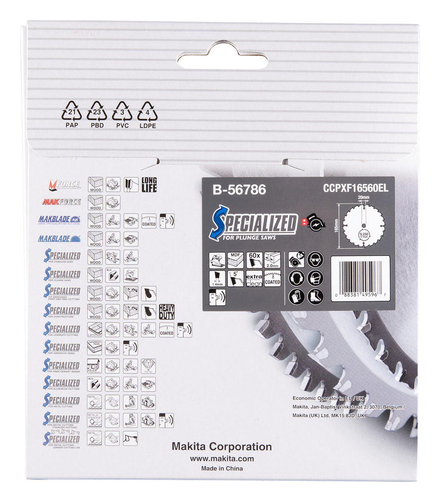 Pyörösahanterä Makita B-56786 165x20x2,0mm, Z-60 MDF erittäin siisti sahaus, DSP600, DSP601 ja SP6000