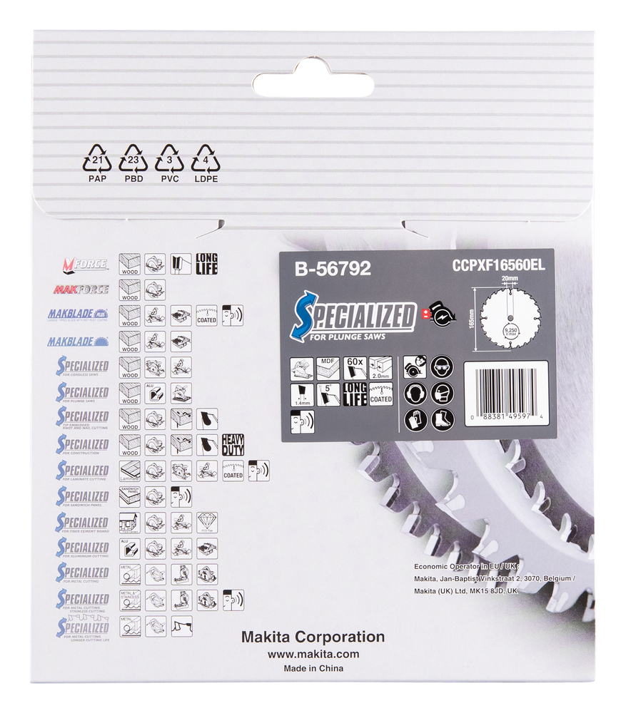 Pyörösahanterä Makita B-56792 165x20x2,0mm, Z-60 MDF pitkä käyttöikä, DSP600, DSP601 ja SP6000