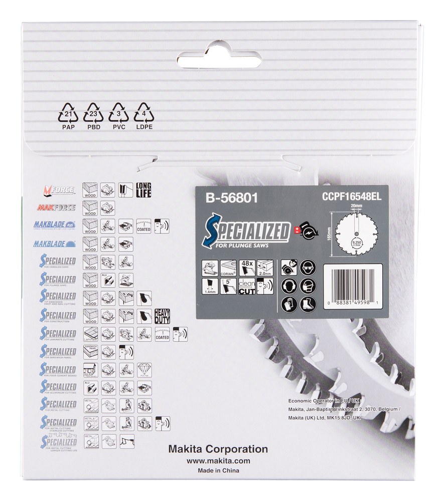 Pyörösahanterä Makita B-56801 165x20x2,0mm, Z-48 Corian levy, DSP600, DSP601 ja SP6000