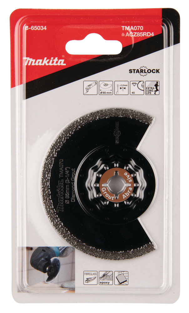 Timanttiterä, segmentti Makita B-6503485 mm, timantti, karkeus #40, pehmeän seinälaatan työstö, laattasaumojen poisto. TMA070, Starlock (ACZ85RD4)
