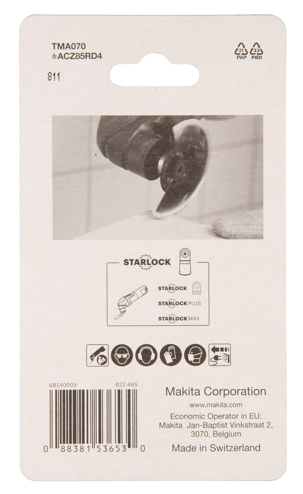 Timanttiterä, segmentti Makita B-6503485 mm, timantti, karkeus #40, pehmeän seinälaatan työstö, laattasaumojen poisto. TMA070, Starlock (ACZ85RD4)