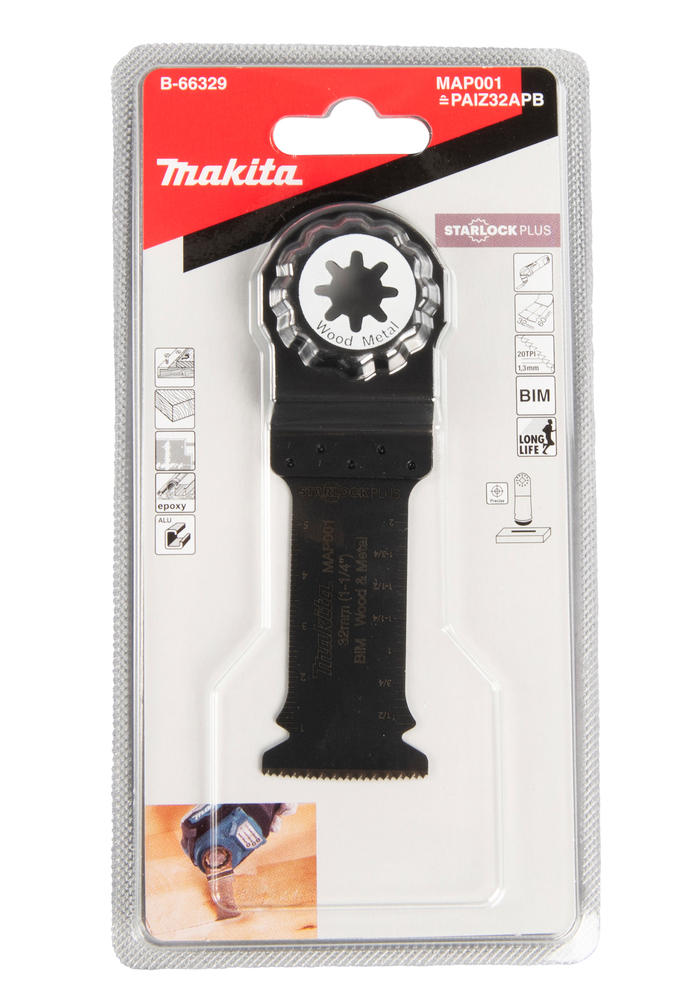 Sahanterä, upotukseen Makita B-66329 leveys 32mm, BiM, naulaisen puun sahaus. MAP001, Starlock Plus (PAIZ32APB)