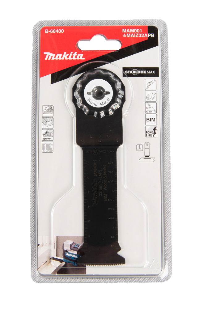 Sahanterä Makita B-66400 upotukseen Makita B-66400 leveys 32mm, BiM, naulaisen puun sahaus. MAM001, Starlock Max (MAIZ32APB)