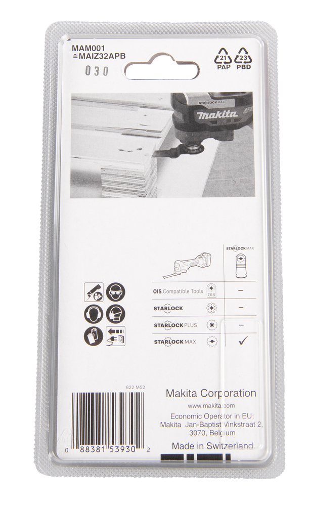Sahanterä Makita B-66400 upotukseen Makita B-66400 leveys 32mm, BiM, naulaisen puun sahaus. MAM001, Starlock Max (MAIZ32APB)