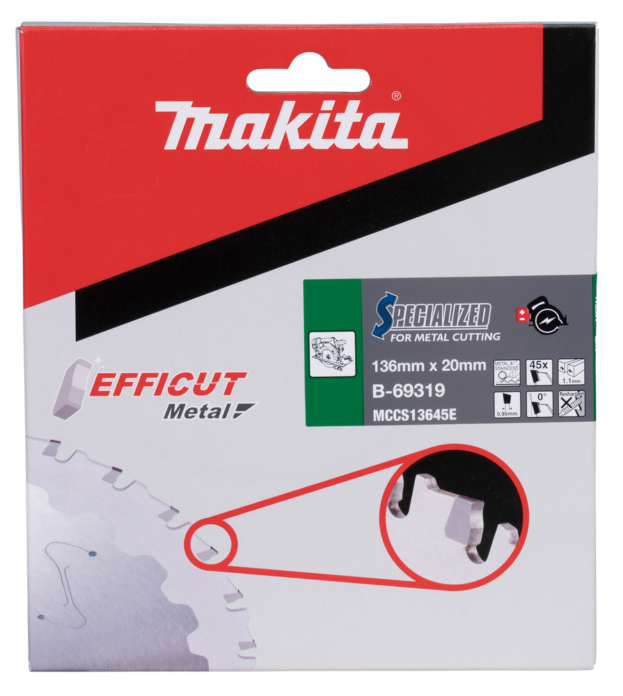 Pyörösahanterä Makita B-69319 136 x 20 x 1,1 mm, Z-45 ruostumattomalle alle 2 mm, EFFICUT