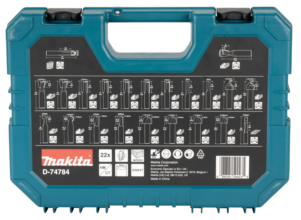 Milling cutter set Makita D-74784 22 pieces, spindle 8mm, for shaping