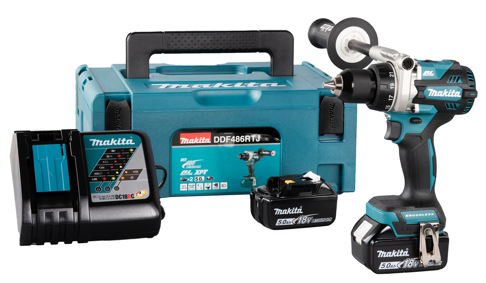 Porakone Makita DDF486RTJ 18V, hiiliharjaton, 2x5,0Ah, 130/65 Nm, 2,6kg, LED-valo