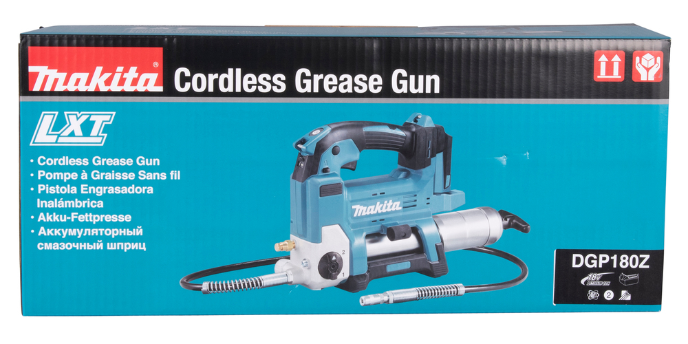 Grease gun Makita DGP180Z 18V. Maximum pressure 690 bar, flow rate 290ml/min, hose 120cm, shoulder strap. Body version