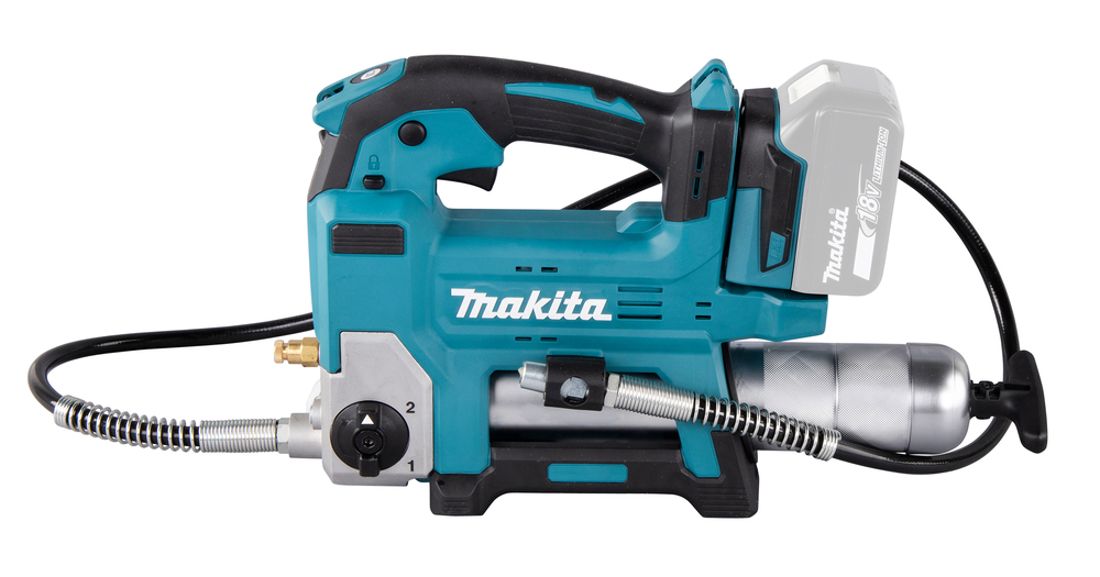 Grease gun Makita DGP180Z 18V. Maximum pressure 690 bar, flow rate 290ml/min, hose 120cm, shoulder strap. Body version
