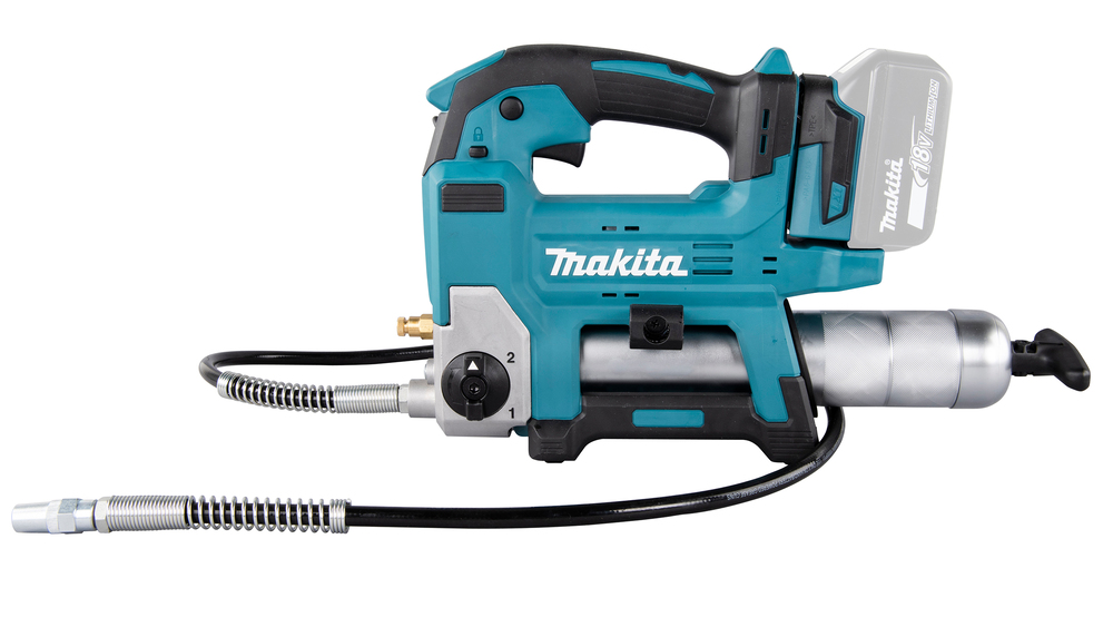 Grease gun Makita DGP180Z 18V. Maximum pressure 690 bar, flow rate 290ml/min, hose 120cm, shoulder strap. Body version