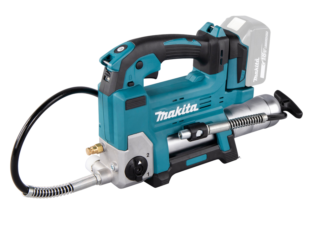 Grease gun Makita DGP180Z 18V. Maximum pressure 690 bar, flow rate 290ml/min, hose 120cm, shoulder strap. Body version