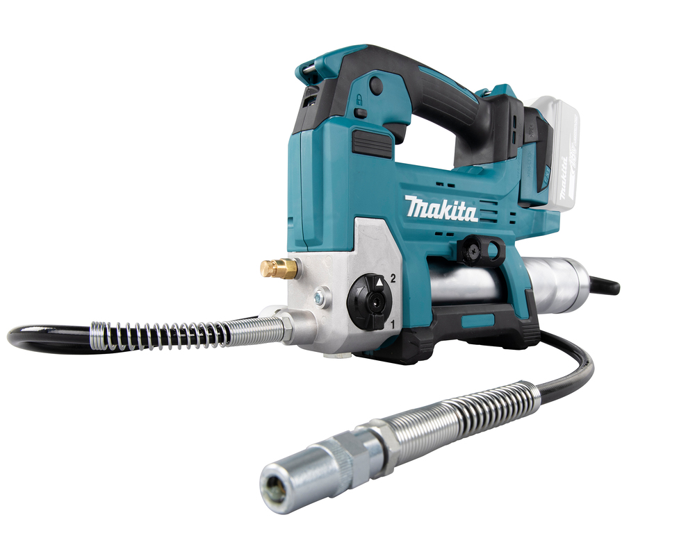 Grease gun Makita DGP180Z 18V. Maximum pressure 690 bar, flow rate 290ml/min, hose 120cm, shoulder strap. Body version