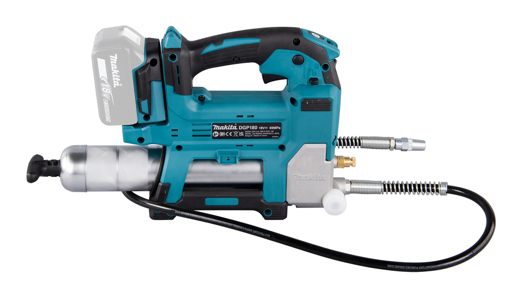 Grease gun Makita DGP180Z 18V. Maximum pressure 690 bar, flow rate 290ml/min, hose 120cm, shoulder strap. Body version