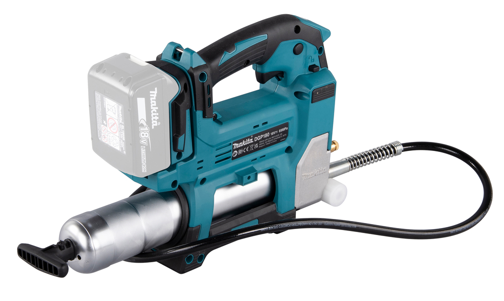 Grease gun Makita DGP180Z 18V. Maximum pressure 690 bar, flow rate 290ml/min, hose 120cm, shoulder strap. Body version
