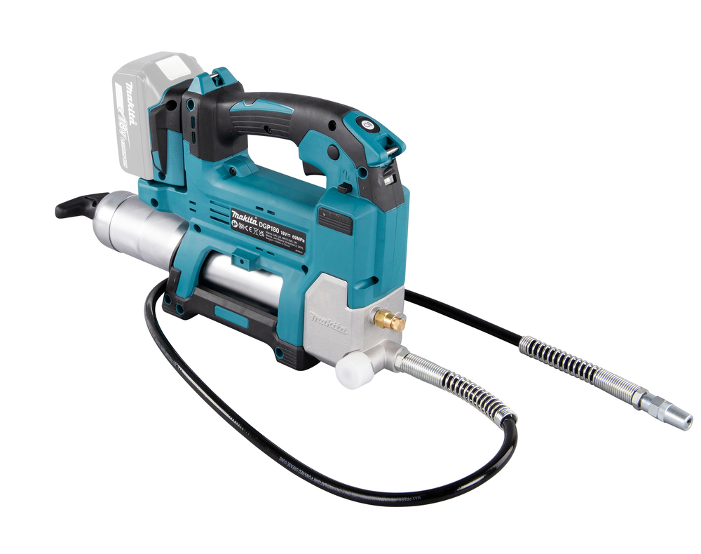 Grease gun Makita DGP180Z 18V. Maximum pressure 690 bar, flow rate 290ml/min, hose 120cm, shoulder strap. Body version