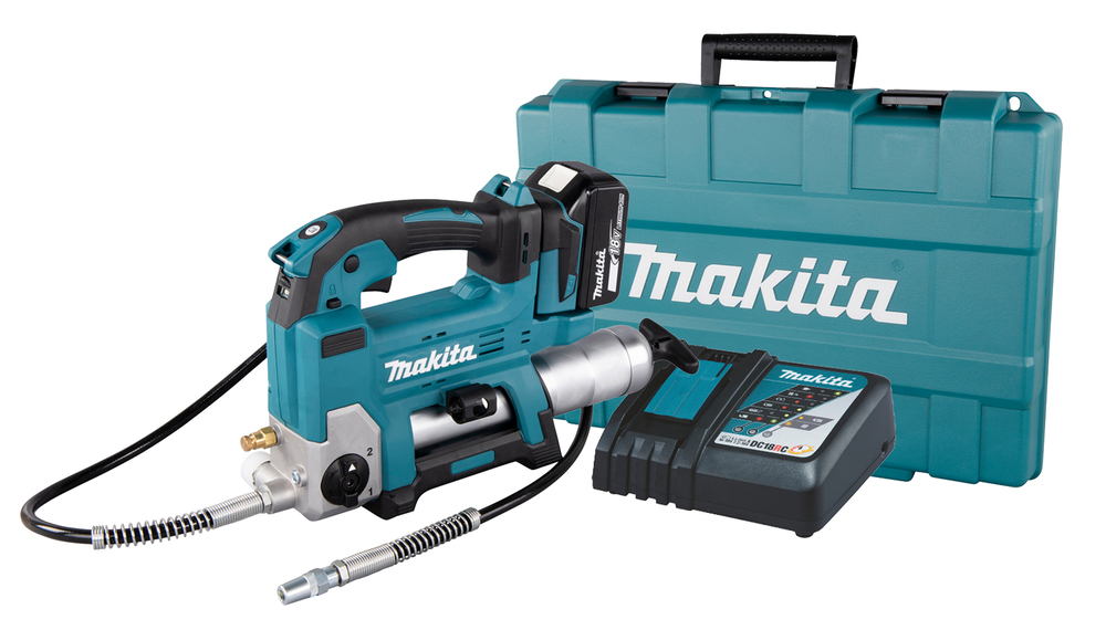 Grease gun Makita DGP180Z 18V. Maximum pressure 690 bar, flow rate 290ml/min, hose 120cm, shoulder strap. Body version
