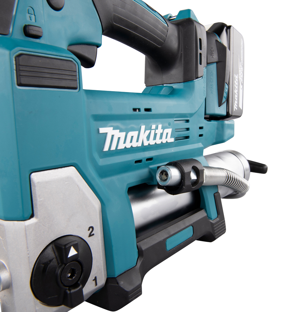 Grease gun Makita DGP180Z 18V. Maximum pressure 690 bar, flow rate 290ml/min, hose 120cm, shoulder strap. Body version