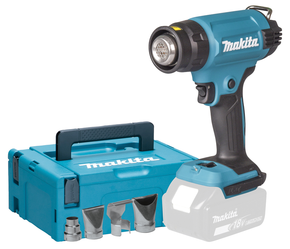 Kuumailmapuhallin Makita DHG181ZJ 18V, 150-550C°, 120/220l/min, neljä suulaketta. Runkoversio