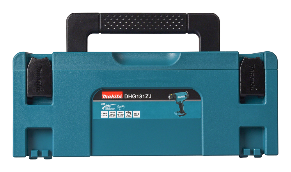 Kuumailmapuhallin Makita DHG181ZJ 18V, 150-550C°, 120/220l/min, neljä suulaketta. Runkoversio