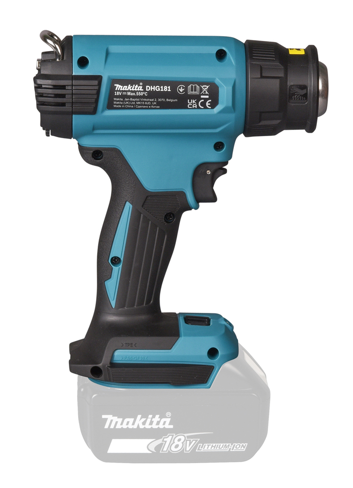Kuumailmapuhallin Makita DHG181ZJ 18V, 150-550C°, 120/220l/min, neljä suulaketta. Runkoversio