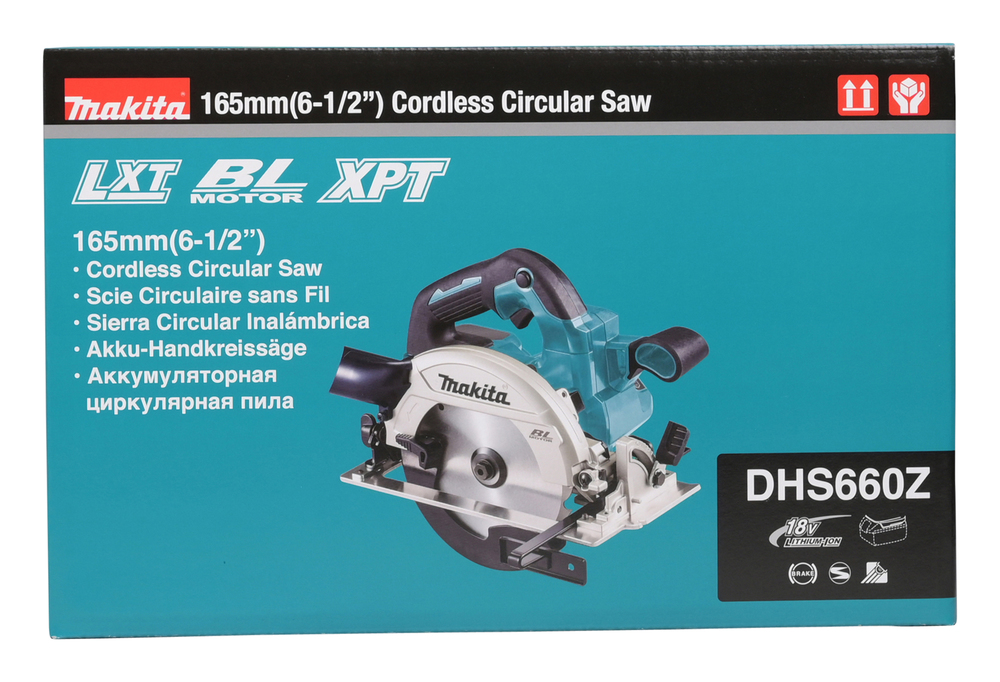 Pyörösaha puulle Makita DHS660Z 18V, hiiliharjaton, sahaus 57mm, terä 165x20 Z=25. Runkoversio