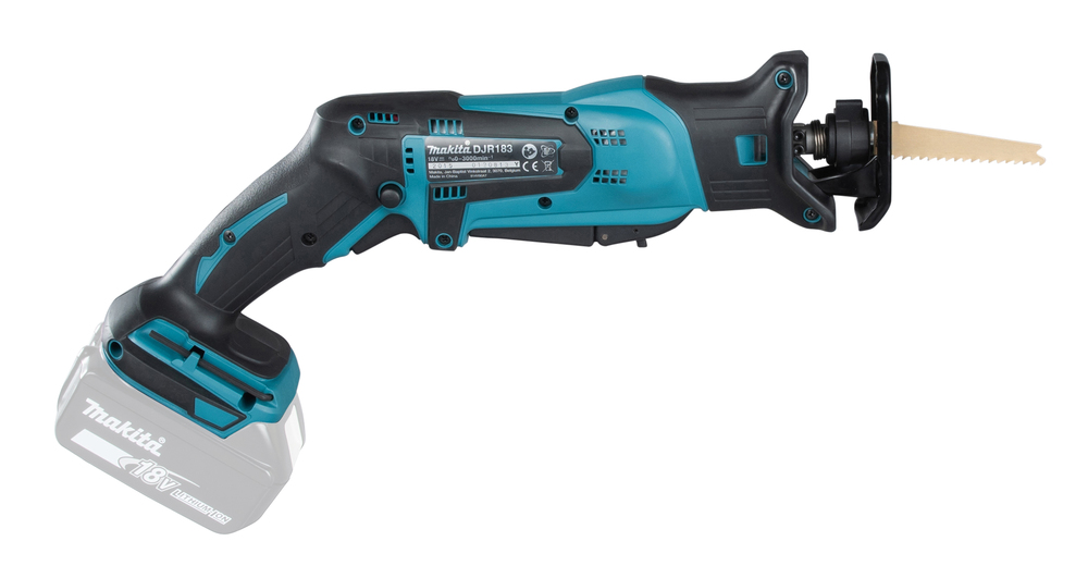 Puukkosaha Makita DJR183Z 18V, kaksi käyttökytkintä, 1,7kg, puukkosahanterille. Runkoversio
