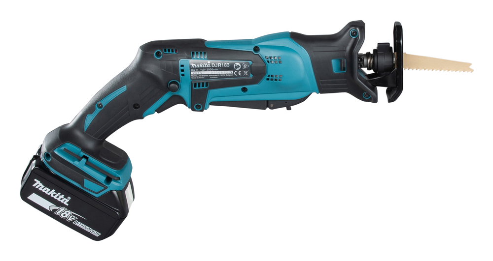 Puukkosaha Makita DJR183Z 18V, kaksi käyttökytkintä, 1,7kg, puukkosahanterille. Runkoversio