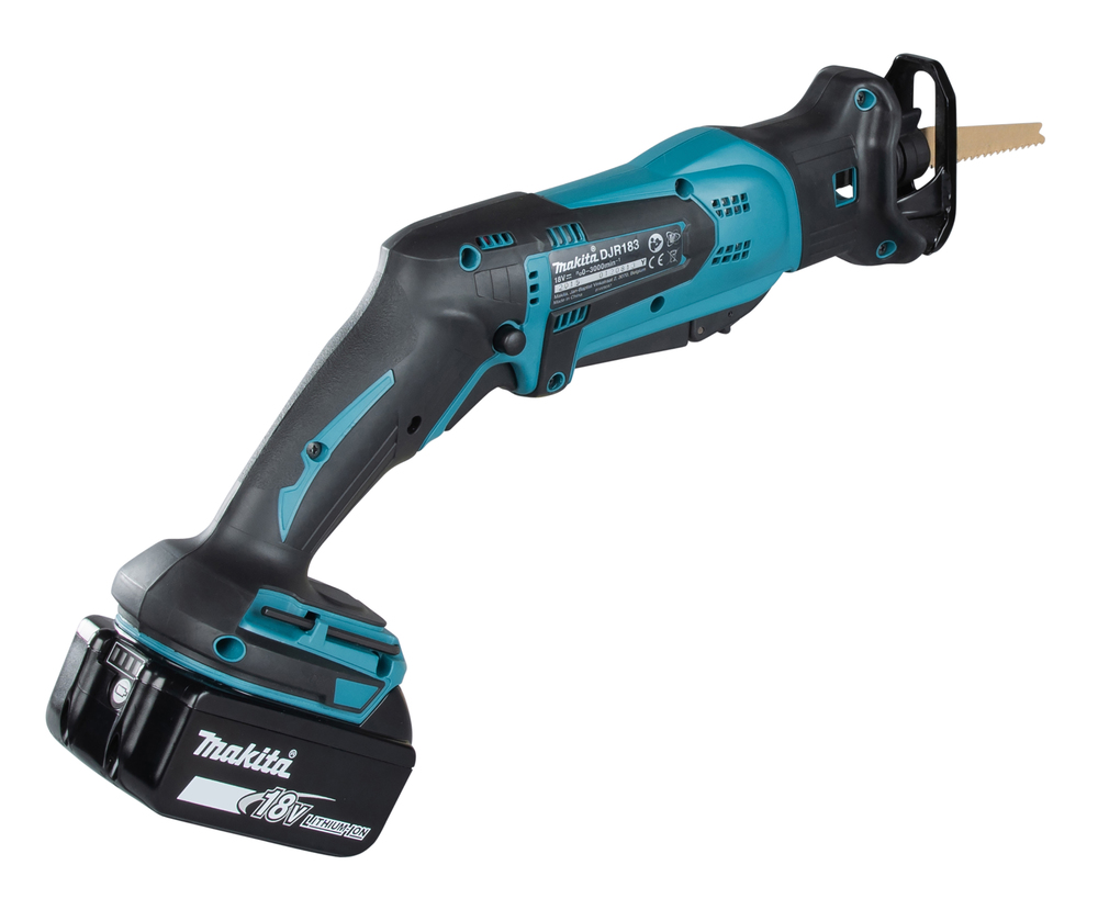 Puukkosaha Makita DJR183Z 18V, kaksi käyttökytkintä, 1,7kg, puukkosahanterille. Runkoversio