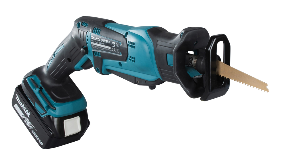Puukkosaha Makita DJR183Z 18V, kaksi käyttökytkintä, 1,7kg, puukkosahanterille. Runkoversio