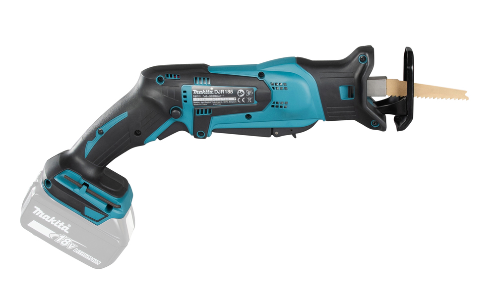 Puukkosaha Makita DJR185Z 18V, kaksi käyttökytkintä, 1,7kg, pisto- ja puukkosahanterille. Runkoversio