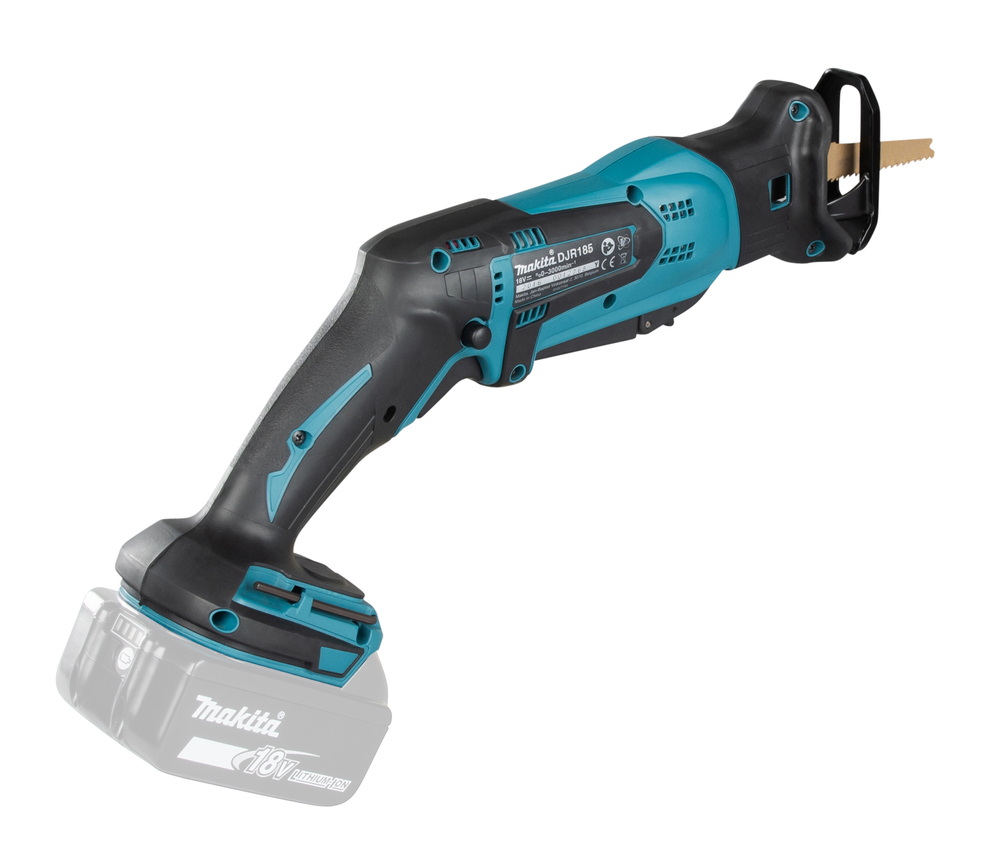 Puukkosaha Makita DJR185Z 18V, kaksi käyttökytkintä, 1,7kg, pisto- ja puukkosahanterille. Runkoversio