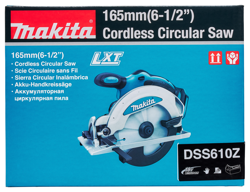 Pyörösaha puulle Makita DSS610Z 18V, sahaus 57mm, terä 165x20 Z=24. Runkoversio DSS610Z