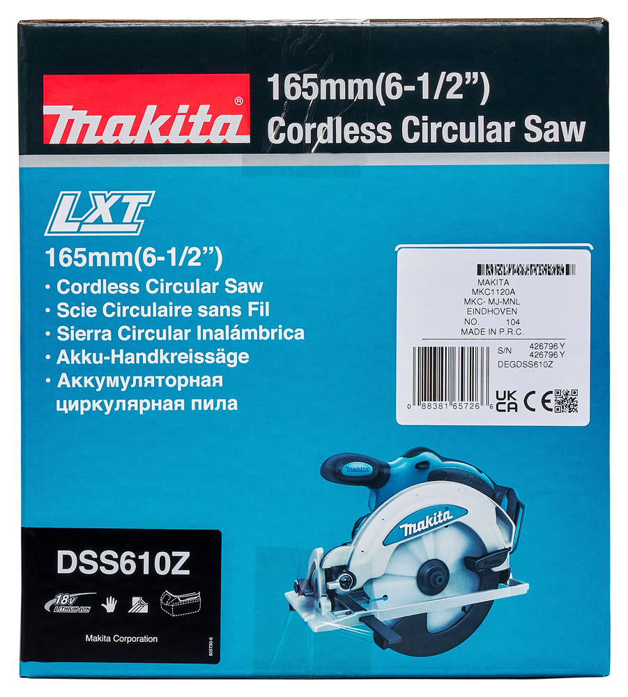 Pyörösaha puulle Makita DSS610Z 18V, sahaus 57mm, terä 165x20 Z=24. Runkoversio DSS610Z