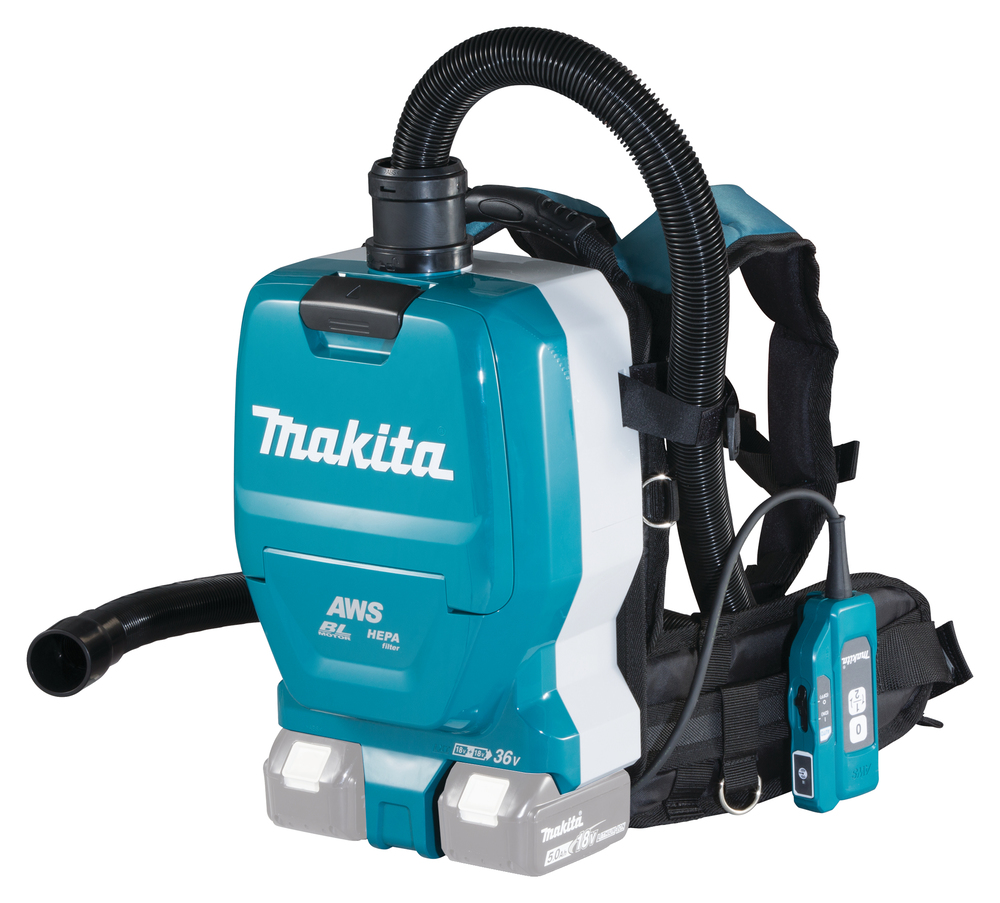 Ryggsäcksdammsugare Makita DVC265ZXU 2x18V, 2,0m³/min, 2 liter, 11kPa, 2-växlad, AWS, borstlös. Karossversion, verktygssats