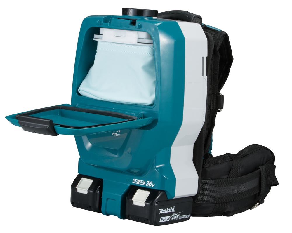 Backpack vacuum cleaner Makita DVC265ZXU 2x18V, 2,0m³/min, 2 litres, 11kPa, 2-speed, AWS, brushless. Body version, tool kit