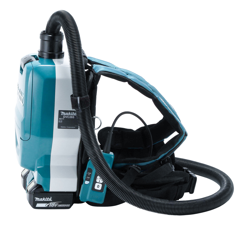 Backpack vacuum cleaner Makita DVC265ZXU 2x18V, 2,0m³/min, 2 litres, 11kPa, 2-speed, AWS, brushless. Body version, tool kit