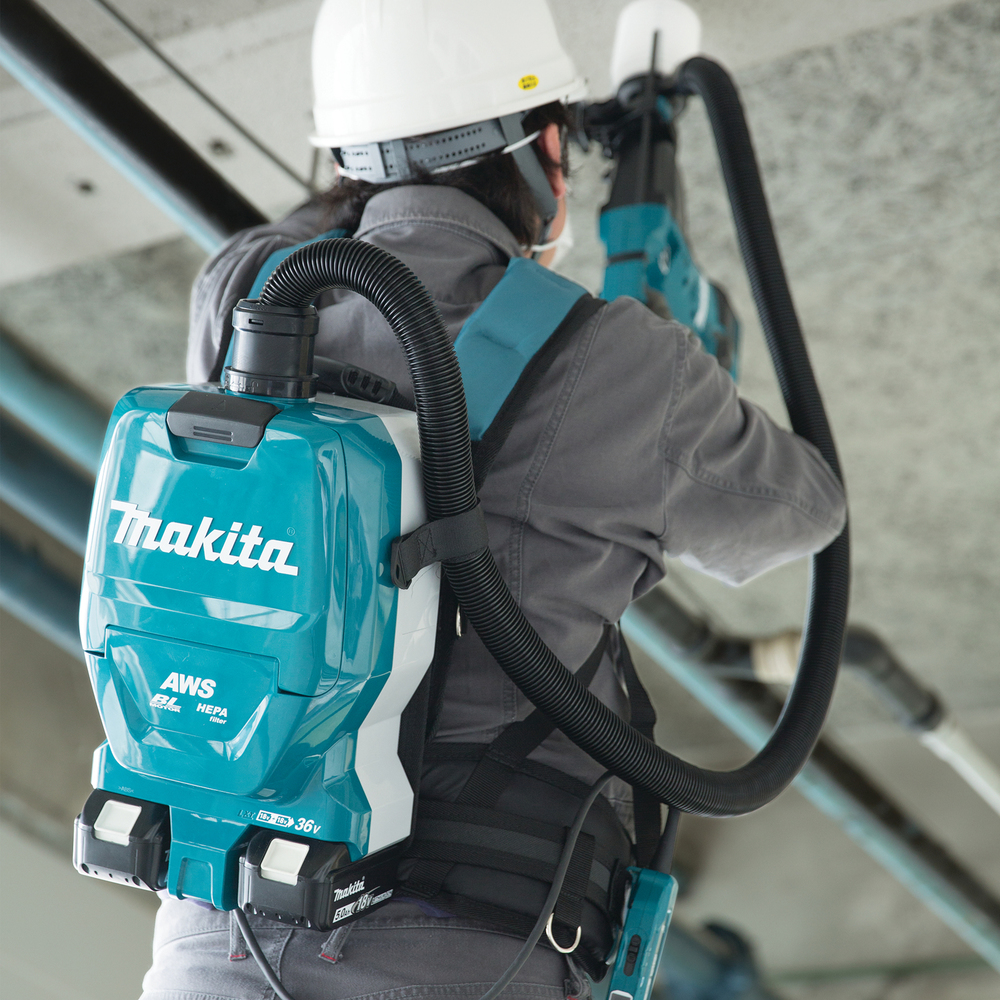 Backpack vacuum cleaner Makita DVC265ZXU 2x18V, 2,0m³/min, 2 litres, 11kPa, 2-speed, AWS, brushless. Body version, tool kit