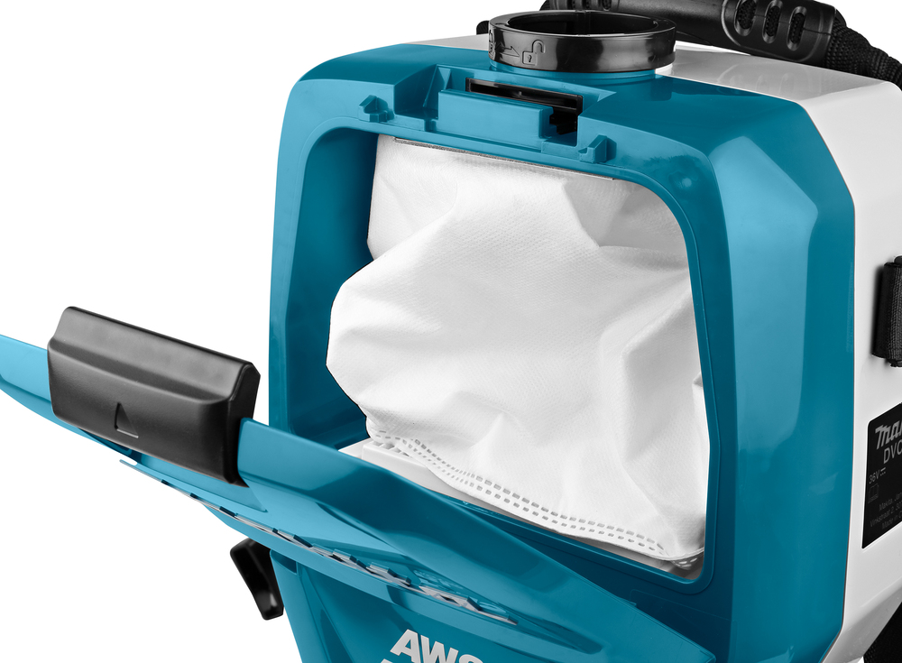 Backpack vacuum cleaner Makita DVC265ZXU 2x18V, 2,0m³/min, 2 litres, 11kPa, 2-speed, AWS, brushless. Body version, tool kit