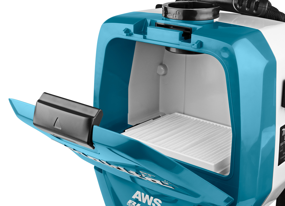 Backpack vacuum cleaner Makita DVC265ZXU 2x18V, 2,0m³/min, 2 litres, 11kPa, 2-speed, AWS, brushless. Body version, tool kit
