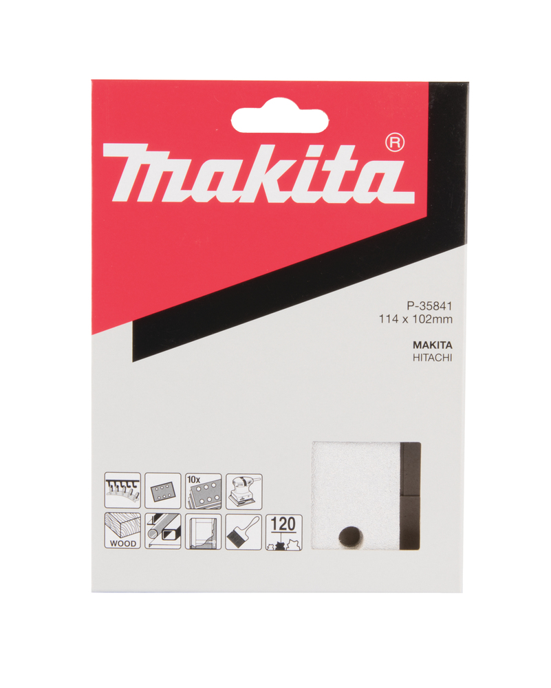 Hiomapaperi Makita P-35841 koukkutarrakiinnitys 114 x 102 K120, 10kpl, BO4555 ja BO4565, alumiinioksidi ja stearaati, sideaine hartsi