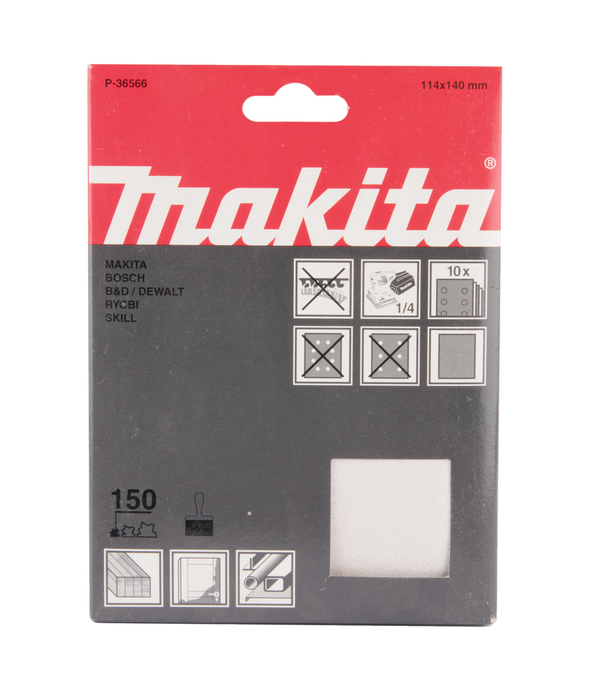 Hiomapaperi Makita P-36566 puristinkiinnitys 114 x 140 K150, 10kpl, BO4556 ja BO4555, alumiinioksidi ja stearaati, sideaine hartsi