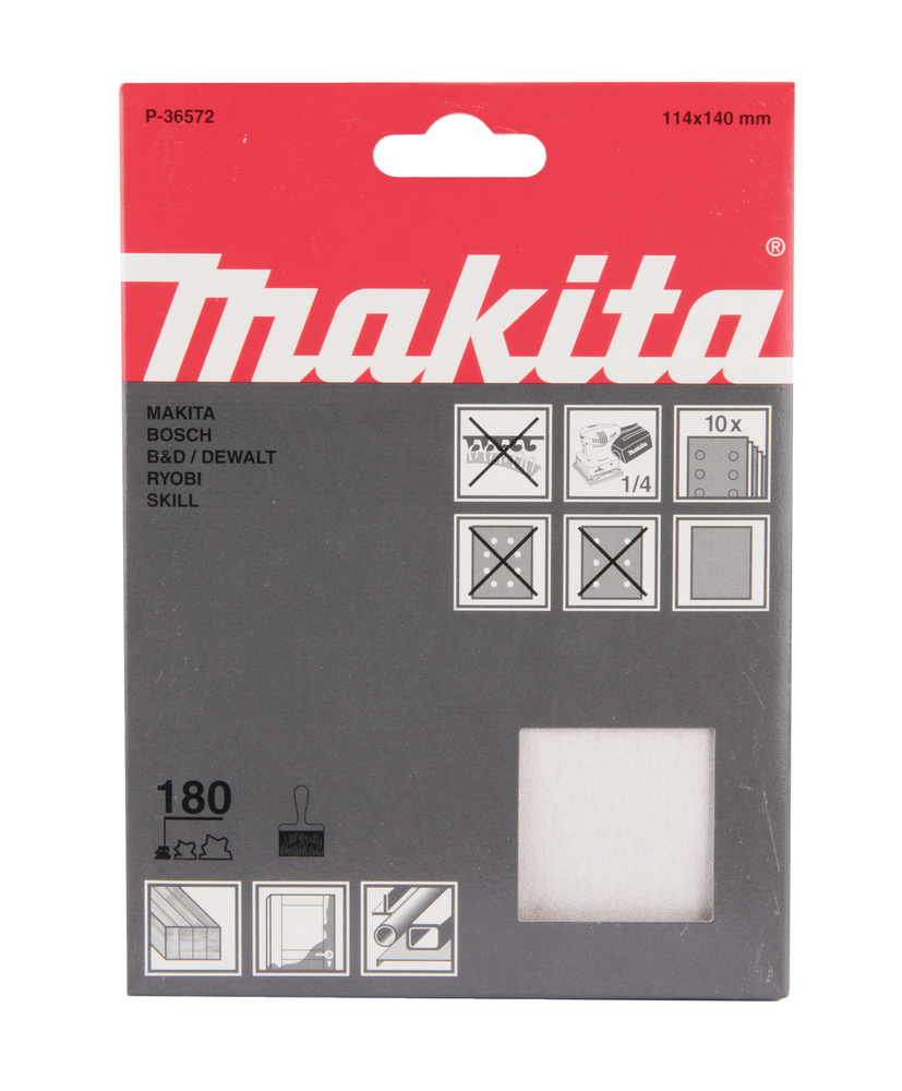 Hiomapaperi Makita P-36572 puristinkiinnitys 114 x 140 K180, 10kpl, BO4556 ja BO4555, alumiinioksidi ja stearaati, sideaine hartsi