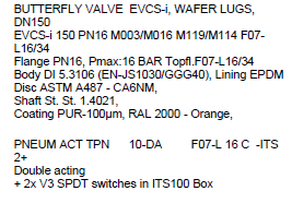 Butterfly valve EVCS-i wafer lugs DN150 PN16, pneumatic actuator TPN 10DA F07-L